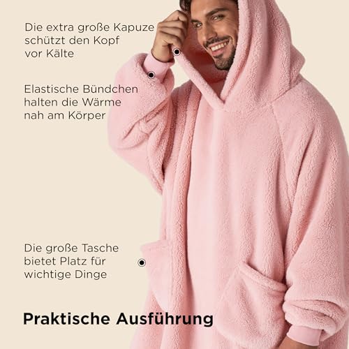 BEDSURE Hoodie Decke mit Ärmeln - Kuschelpullover als Geschenke für Frauen - Tragbare Decke zum Anziehen Erwachsene Kuscheldecke mit Ärmeln Weich Warm Geschenke für Freundin Mütter, Rosa 95x85 cm