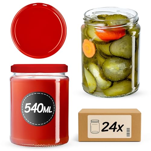 KADAX Barattoli per conserve da 540 ml con tappo a vite fi82 mm, per conservare, conservare e conservare, vasetti per marmellata, vasetti per conserve, barattoli rotondi (rosso, 24 pezzi)