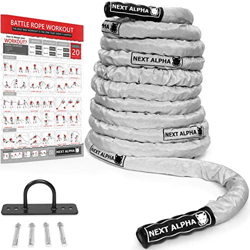 Next Alpha Battle Rope - Corde Ondulatoire - 38mm/50mm, 9m/12m/15m - Manche de Protection - Fixation Murale - Workout Instruction Poster