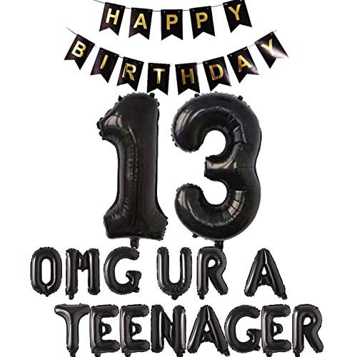 13th Teenager Birthday Party Decorations for Boys Girls, 13th Birthday Decorations OMG Ur A Teenager Balloon Birthday Banner Jumbo Number 13 Foil Balloons for 13 Years Old Sons Daughter (Black)