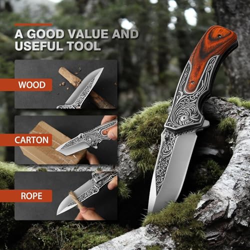 Image of DRACHENADER Pocket Knife for Men, 8.7 inch Folding Knife, 440 Stainless Steel Blade, 0.19lb, Wood Handle with 3D Retro Embossed Pattern, EDC Folding Knife for Work, Camping, Christmas Gifts