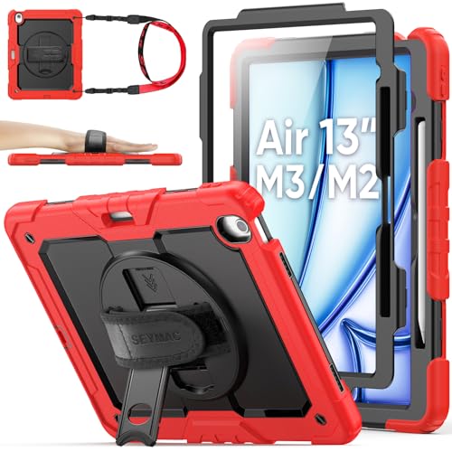 SEYMAC stock 2025年/2024年 13インチiPad Air(M3/M2)耐衝撃ケース 保護フィルム付き ペン収納 360°回転スタンド ハンドストラップ ショルダーストラップ 全面保護カバー iPad Air 13 2025/2024専用型（レッド）
