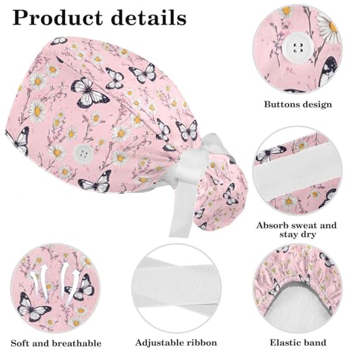 Image of Butterfly Scrub Cap Women with Ponytail & Buttons Adjustable Surgical Nurse Hat with Cotton Sweatband for Long Hair