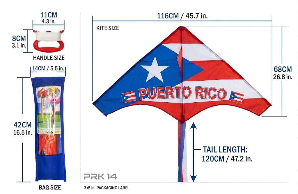 Cerf-volant drapeau de Porto Rico – Boricua rouge blanc bleu Delta cerf-volant avec longue queue | Design drapeau volant extérieur pour adultes | Fierté portoricaine plage et parc Boricua