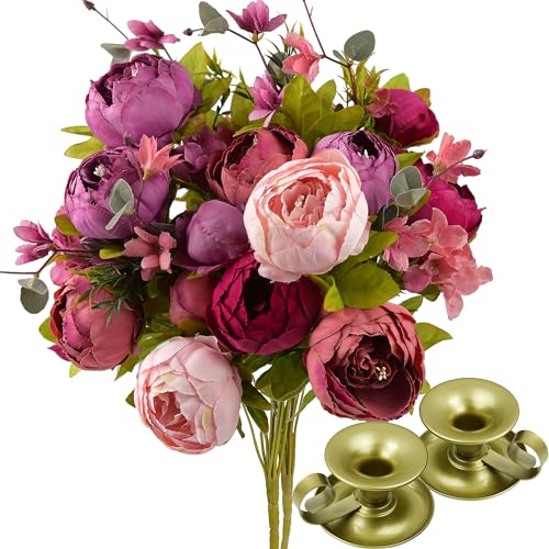 Image of FiveSeasonStuff Mystic Blush Silk Peony & Hydrangea Bouquet with 2 Gold Taper Candle Holders; Vintage-Inspired Artificial Flowers for Weddings & Home Decor