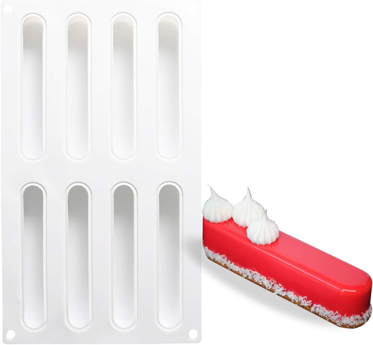 AICHEF Cake Dessert Mousse Cake French Mousse Mould White Silicone Gel Molds.Household High Temperature Patisserie Mould Mousse.(8-Connected Solid Strip-Silicone Gel Molds).