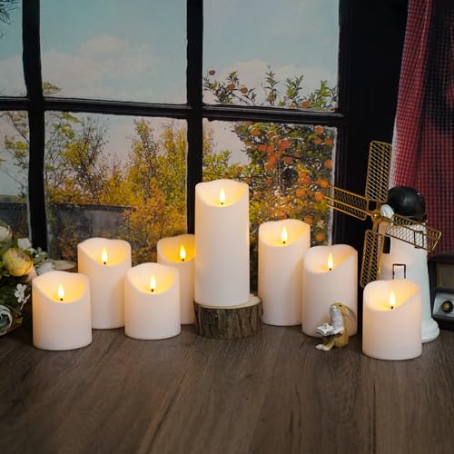 Image of Nimiko Flameless Candles with Remote, Battery Operated Flickering Flameless Candles, LED Candles with Timer 2 /4 /6 /8H, with Realistic LED Candles Set of 9 (D3 x H 3 inch 4 inch 5 inch 6 inch 7 inch) (White)