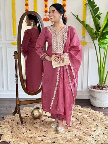 Shiv Textiles Silk Blend Embroidery Kurta Set For Women (Jd-Madhavi-Pink-L)