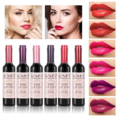 Wine Lip Tint, 6 Colors Wine Lipstick Liquid Lip Stain Wine Lip Gloss Set, Long Lasting Waterproof Lip Stain Kit Non-Stick Cup Lip Tint Set, Matte Lipstick Set Make Up Gift for Girls & Women