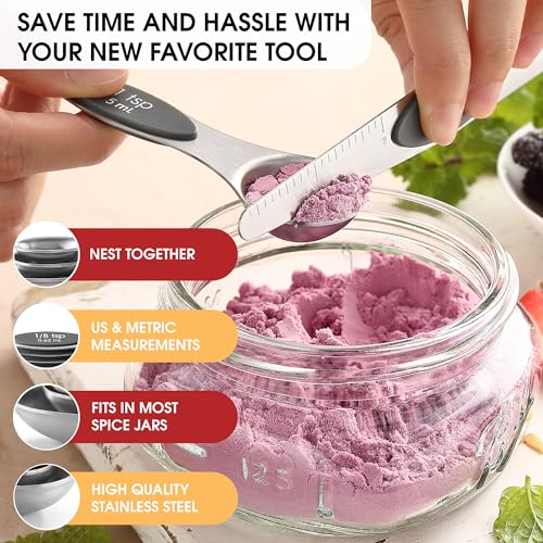 image for Spring Chef Stainless Steel Magnetic Measuring Spoons Set of 8 with Le