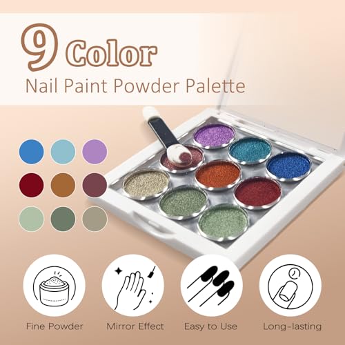 Image of 9 Colors Chrome Nail Powder Palette, Blue Red Purple Green Metallic Mirror Holographic Chrome Powder for Nails, Fine Glitter Nail Art Decoration for Home DIY Salon Manicure Pigment, B
