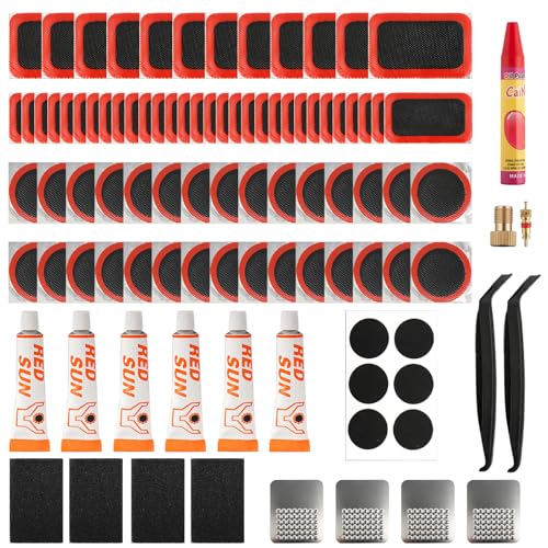 GASRONS Bike Tire Repair Kit, 101 Pcs Bicycle Tube Patch Kit with Vulcanizing Patches & Tire Repair Glue, Portable Inner Tube Repair Kit for Mountain Road Bike, Motorcycle & Inflatable Tires