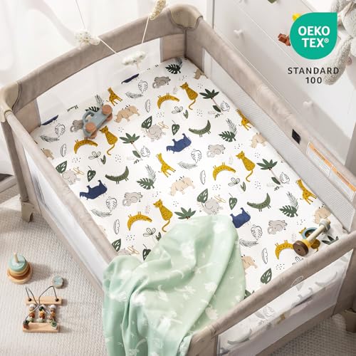 Image of PHF Soft Mini Crib Sheet Set, 2 Pack Silky Comfy Pack N Play Sheets for Boys Girls, Universal Fit for Pack N Play, Playard and Mini Crib Mattresses, Forest & Animal