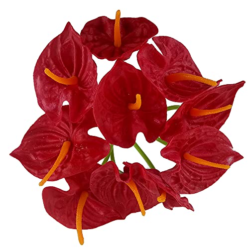 10Pcs Red Artificial Anthurium Fake Flowers Home Decoration Plant Indoor Living Room Dining Room Wedding Bridal Bouquet