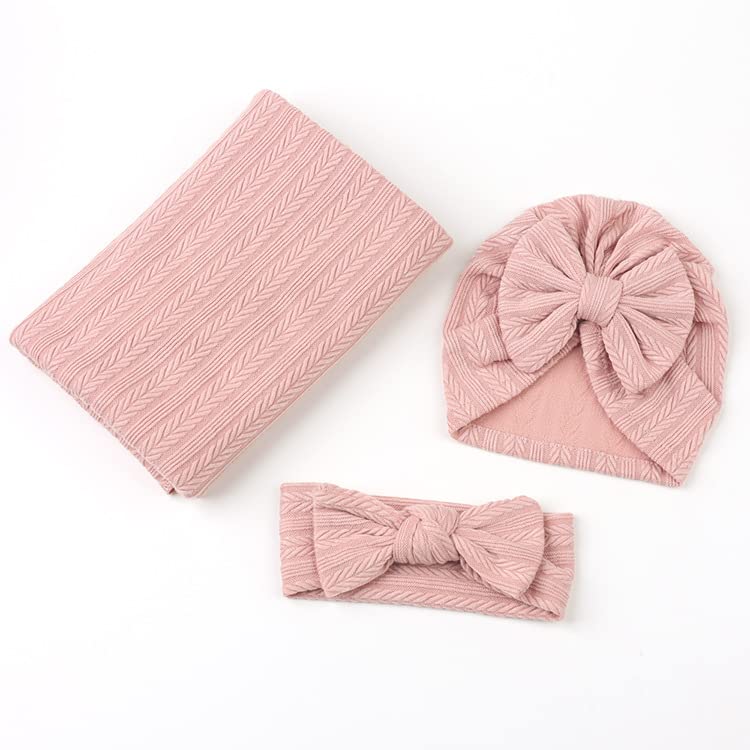 Nishine 35"x33" Newborn Swaddle Blanket with Headband Set Wheat Pattern Swaddle Wrap Receiving Blanket for Baby Boy Girls Sleeping Bag (Pink) - Image 2