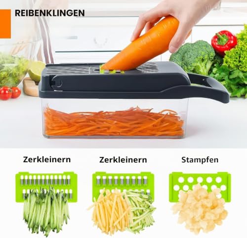 Foto von 15 in 1 Gemüseschneider, Gemüse Schneider, Würfelschneider mit 8 Austauschbare Klingen Vegetable Chopper Dicer für Hobeln Von Obst Gemüse, Karotte, Kartoffel, Knoblauch (Grau)