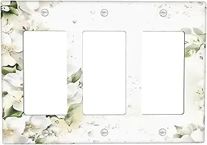 Decorative Outlet Covers Rustic Ink Green Leaves White Florals Flower 3 Gang Outlet Cover Wall Plate Triple Rocker Light Switch Cover Plate Switch Plate Covers for Bedroom Home Decor