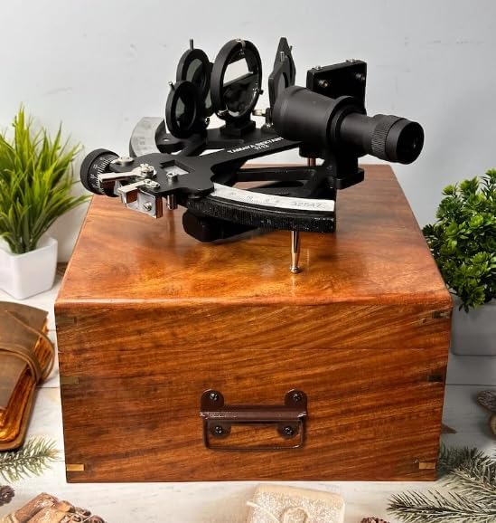 Antique Tamaya Working Sextant Antique Maritime Navigational Instrument with Wooden Box Astrolabe Ships Instrument, Navigational Sextant