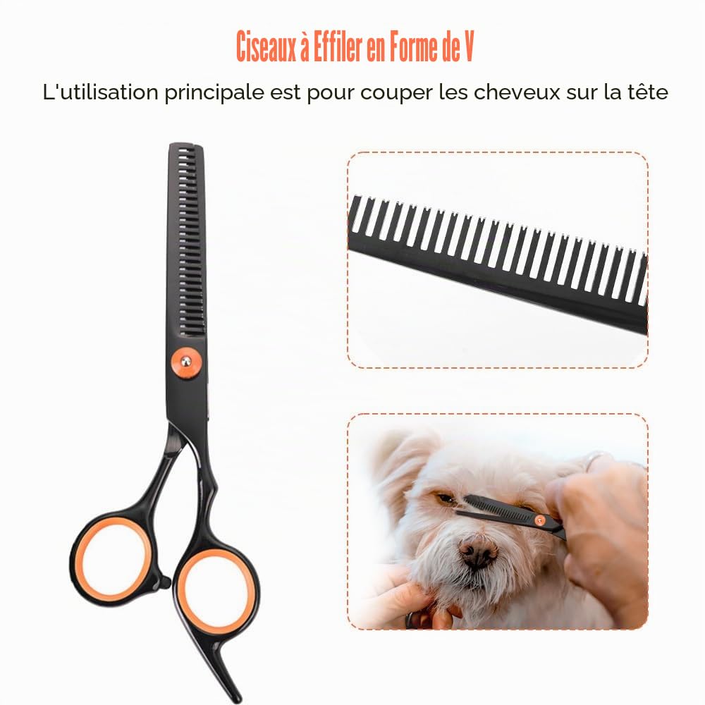 Kit de Ciseaux de Toilettage 6 en 1 pour Chiens,en Acier Inoxydable,Coupe de Poils de Chat,Ciseaux Amincissants,Ciseaux Incurvés avec Peigne de Toilettage et Sac de Rangement pour Chiens et Chats