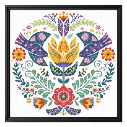 Image of FREEBLOSS 11CT Stamped Cross Stitch Kits Scandinavian Folk Art Cross Stitch Ornament Kits with Instructions Embroidery Needlepoint Kit for Wall Hanging Home Decor 17.7x17.7inch