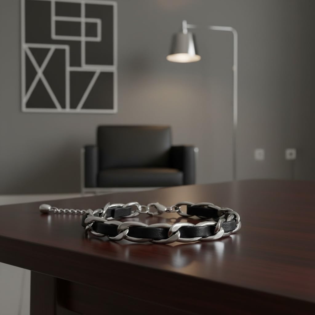 18K White Gold Plated over Stainless Steel Chain Bracelet with Black Leather Weave, Fashion Statement Piece for Women, Tarnish Proof, 6 inch length with Extension - Image 9