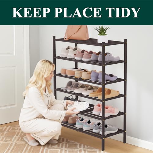 Image of Smiry Bamboo Shoe Rack, 5 Horizontal Slats, 6 Tier - 26.8 inch Wide, Brown