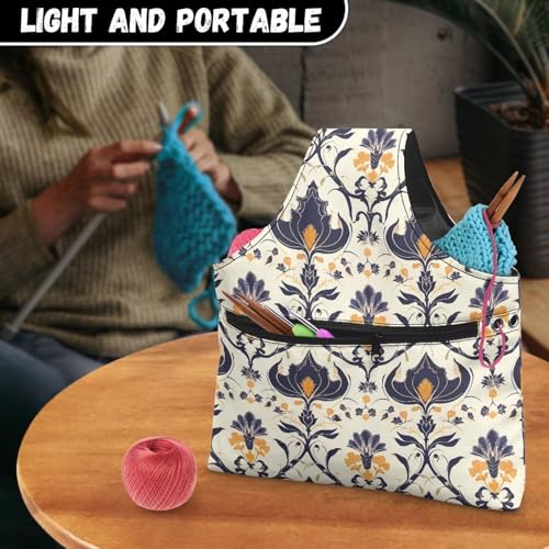 Image of ZUXONGSY Damask Floral Knot Yarn Tote Bags for CrochetingH Portable Yarn Bags for Crocheting on The Go Travel Yarn Storage Handbag