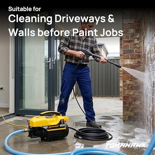 Image of Tomahawk T-1200 Induction Motor Pressure Washer - 120 Bar High Pressure, 1300W Deep Cleaning Power | 1-Line Compact Washer with 8m Hose, Pressure Gauge & Foam Bottle for Car, Bike & Home