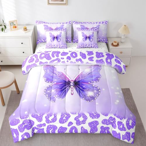 Image of Feelyou Cute Butterfly Full Comforter Set with Sheets for Kids Boys Girls Leopard Print 7 Pieces Bedding Set Butterflies Print Bed in a Bag Glitter Dreamy Princess Soft
