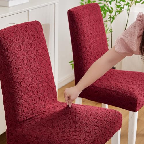 Image of HOMETHREADS Elastic Jacquard Chair Cover Stretch Removable Washable Short Dining Chair Cover Protector Seat Slipcover (D Maroon, Pack of 1)