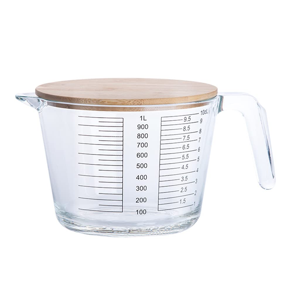 Zerodeko Messbecher aus Borosilikatglas mit Skala 1000ml Hitzebeständig mit Holzdeckel Küchenmessbecher für Backen und Mikrowelle