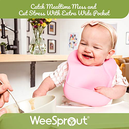 Weesprout Waterproof Silicone Baby Bibs - Set Of 2, Easy To Clean, Soft & Comfortable, For Boys & Girls, Wide Pocket Catches Food, Adjustable & Toddler Proof #TOP3