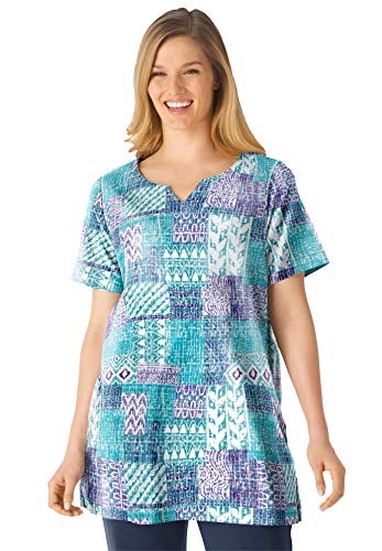Woman Within Women s Plus Size Print Patchwork Knit Tunic - 22 24, Waterfall Geo Patchwork Green