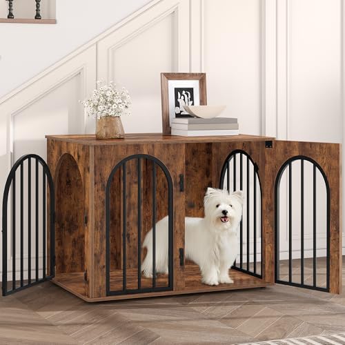 Hzuaneri Hundekäfig Möbel, 80cm Hundebox für Zuhause, 3 Türen, Bogentür, Moderne Hundebox Indoor für Hunde, Beistelltisch, Hundekäfig Hochbelastbar, 80 x 56 x 61 cm, Vintagebraun DFC85101B