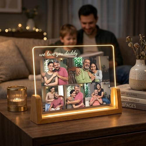 Image of Giftplease Personalized We Love You Daddy Acrylic LED Photo Frame with Wooden Base | Customized Multi-Photo Lamp Gift for Father's Day, Birthday | Warm Glow Night Light