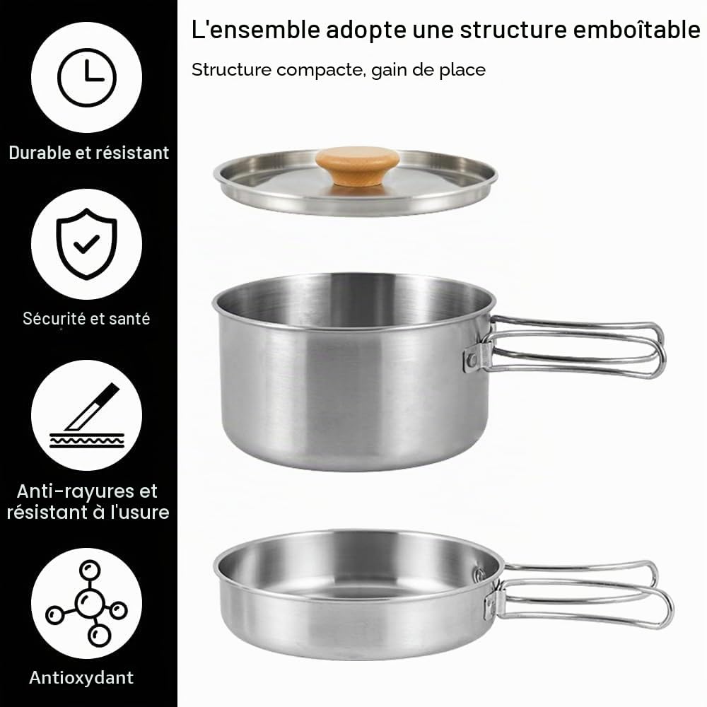 Kit de Casseroles Camping, Portable Camping avec Poignée Pliable Batterie Cuisine de Camping en Acier Inoxydable Set Casserole Camping Plein Air pour Randonnée