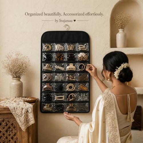 Image of Non-Woven Hanging Jewellery Organizer Storage Bag | Multipurpose Vanity Kit for Necklaces, Earrings, Chains, Watches, Pendants, Cosmetics & Accessories | Travel & Home Use - Black