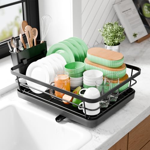 Kitsure Dish Drying Rack - Compact Dish Rack with Utensil Holder & Adjustable Water Outlet, Rust-Proof & Scratch-Resistant Drying Rack for Kitchen, 14.5