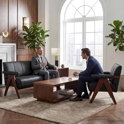 Image of Faux Leather Love Seat and Accent Chair Set, Living Room Furniture, Black | Mid-Century Modern, Comfy, Small, Wooden Armrest, 2 Pieces Office Furniture Sets