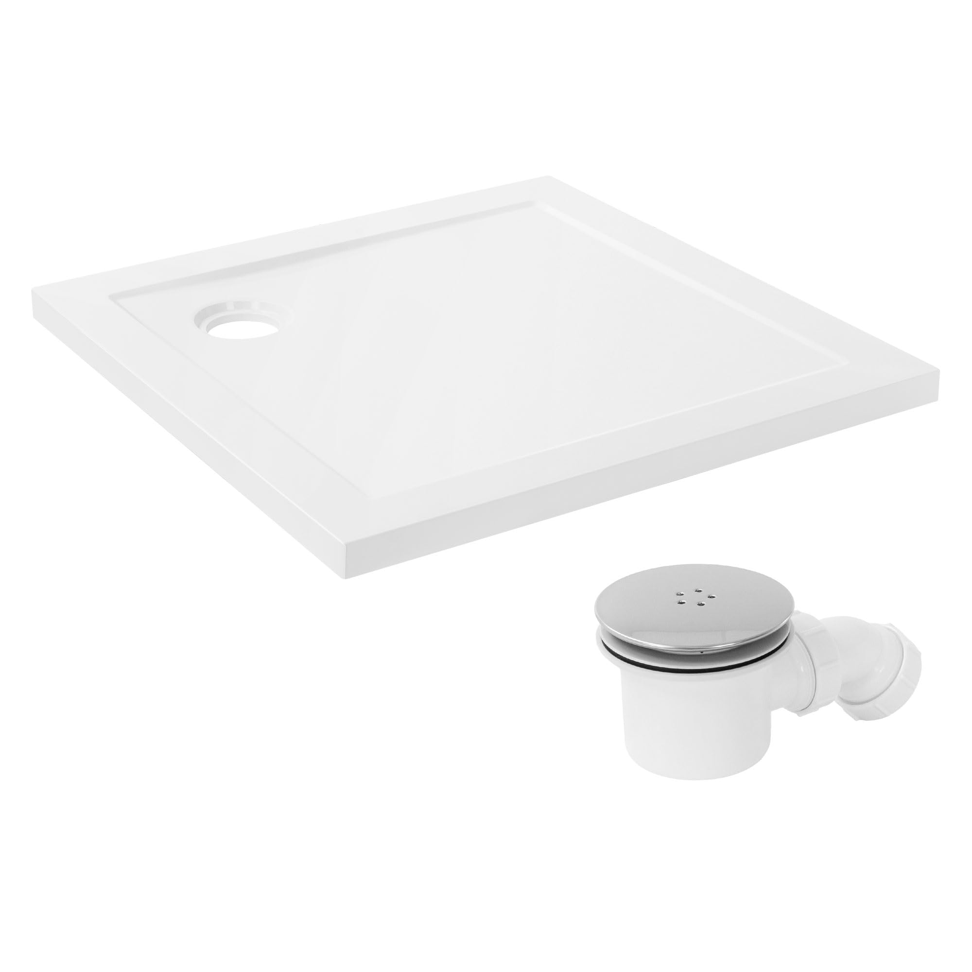 LuxeBath Plato de Ducha 80x80 cm Cuadrado con Válvula de Desagüe, Base de Ducha para Mamparas en Resina Extraplano con Sifón, H4cm, Acabado Brillante, Forma Angular, 3 Opciones de Instalación, Blanco