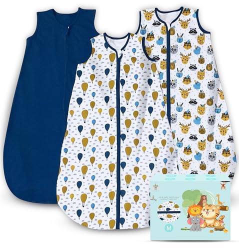 Image of Cute Castle Baby Sleep Sack 6-12 Months - Lightweight 100% Cotton 2-Way Zipper TOG 0.5 Infant Wearable Blanket, Newborn Essentials Toddler Sleep Clothes, 3 Pack(Blue, Balloons, Animals)