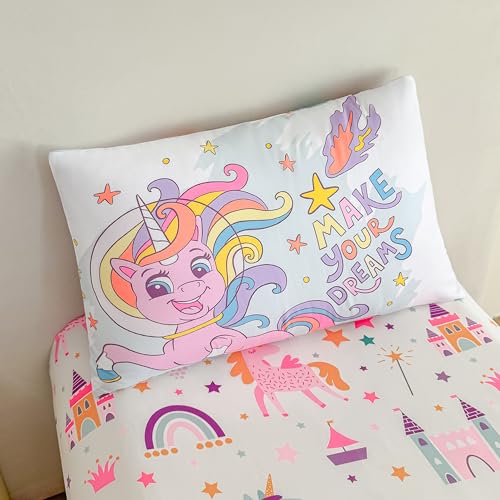 Image of Tailor Shop 4 Pieces Toddler Unicorn Bedding Toddler Unicorn Comforter for Girls Bed in A Bag Includes Quilted Comforter Fitted Sheet Top Sheet and Pillow Case