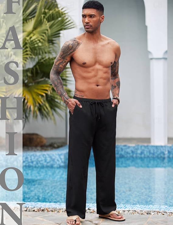 Image of CB-COLEBROOK Mens Casual Linen | Elastic Waist | Drawstring Summer Beach Yoga Linen Trouser | Loose Fit Pyjama Pants for Man
