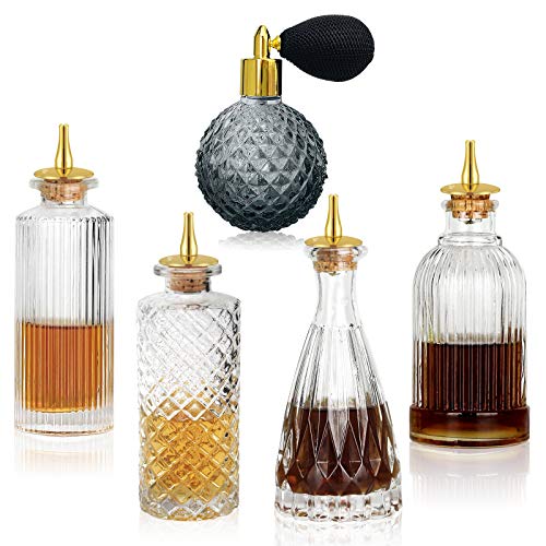 Bitters Bottle 5pcs Glass Dash Bottle Set for Cocktail Vermouth Sprayer Atomizer Gold Plated Zinc Alloy Dasher Top (5pcs)
