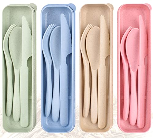 Reusable Travel Utensils Set with Case, 4 Sets Portable Knife Fork Spoons Tableware, Cutlery for Adults Travel Picnic Camping or Daily Use (Green, Beige, Pink, Blue)