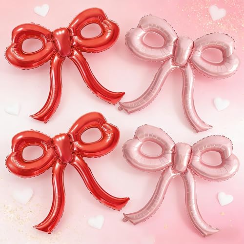 Image of 4 Pcs Red and Pink Bow Balloons Bow Party Decorations for Girl Women Pink Bow Birthday Decorations for Baby Shower Engagement Wedding Christmas Decor Bachelorette Party Supplies