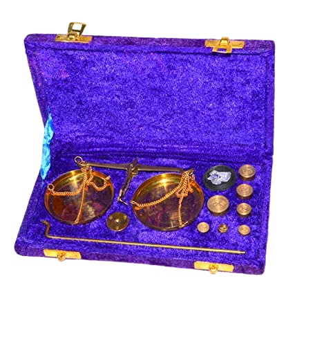 Royal Antique Graceful Brass Antique Weighing Justice Law Scale Decoration Divine Item Jewellery with Complete Weight Vintage Weighing Machine Balancing Taraju Apothecary Scale Purple with Wooden Box
