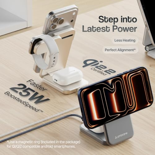 Image of Ambrane Qi2 Magsafe Wireless 3-in-1 Charger for iPhone, Airpods&Apple Watch, Qi2 Certified Fast Charging, Premium&Foldable Design, for iPhone 17 /16 /15 /14 /13 /12 Series (AerosynQ Trio 3, Blue)