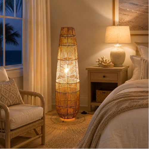 Image of Hand Woven Rattan Floor Lamp,Boho Standing Lamps for Living Room | Handcrafted Wicker Shade,No Assembly Required,Unique Shadow Effects,Foot Switch Control,36 Inch Tall,3 Color Temperature