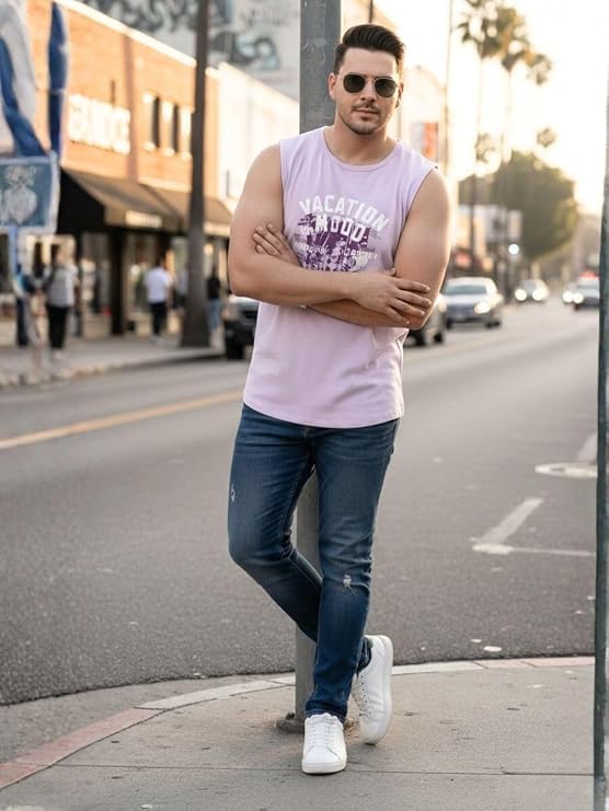 Image of Rigo Stylish Cotton Printed Vest for Men | Round Neck,Regular Fit, Sleeveless T-Shirt Vest for Men | Casual Innerwear Sando for Men & Boys - Perfect for Workouts Gym, Vacations, and Beaches